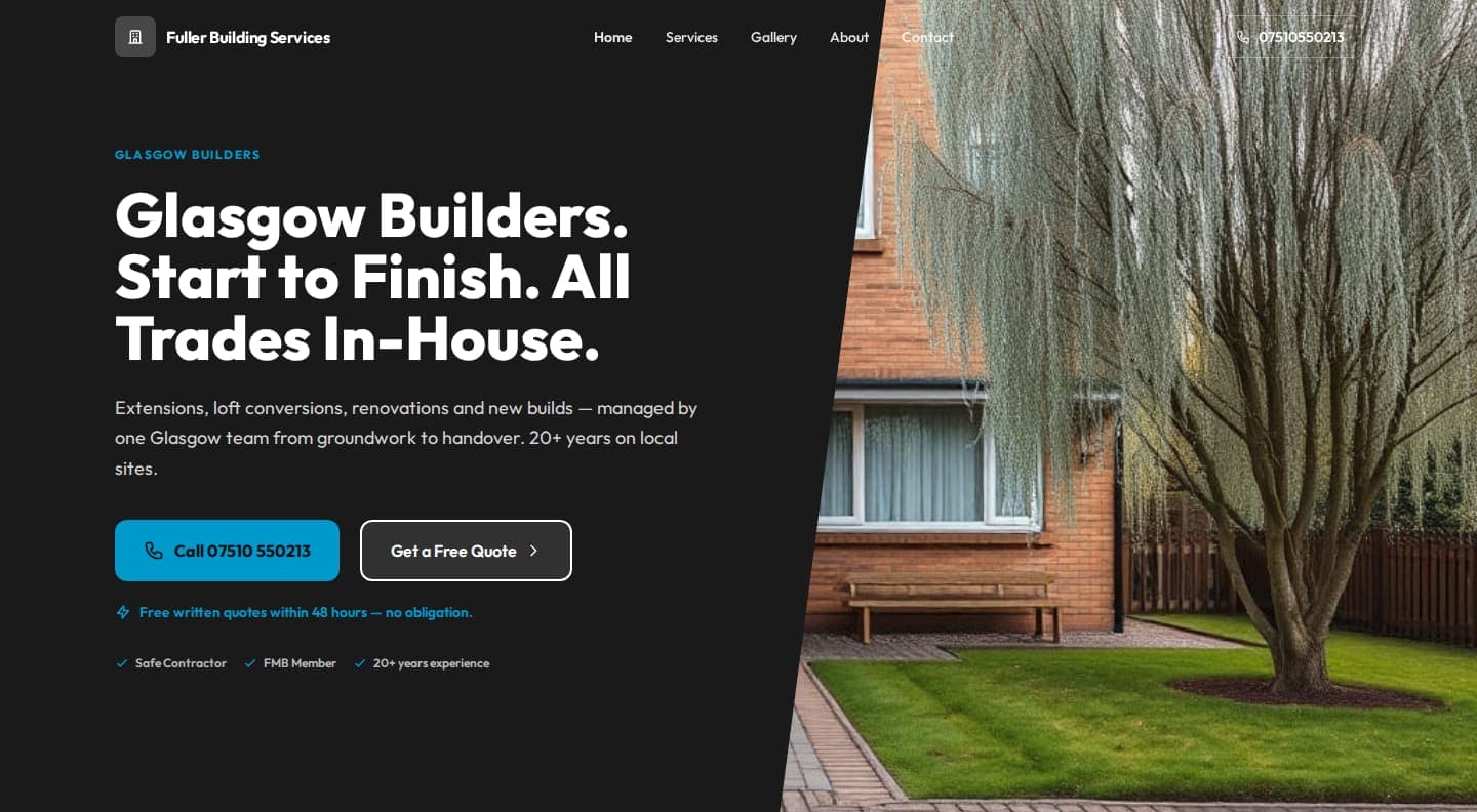Example website we built for a building company in Glasgow — the header and hero.