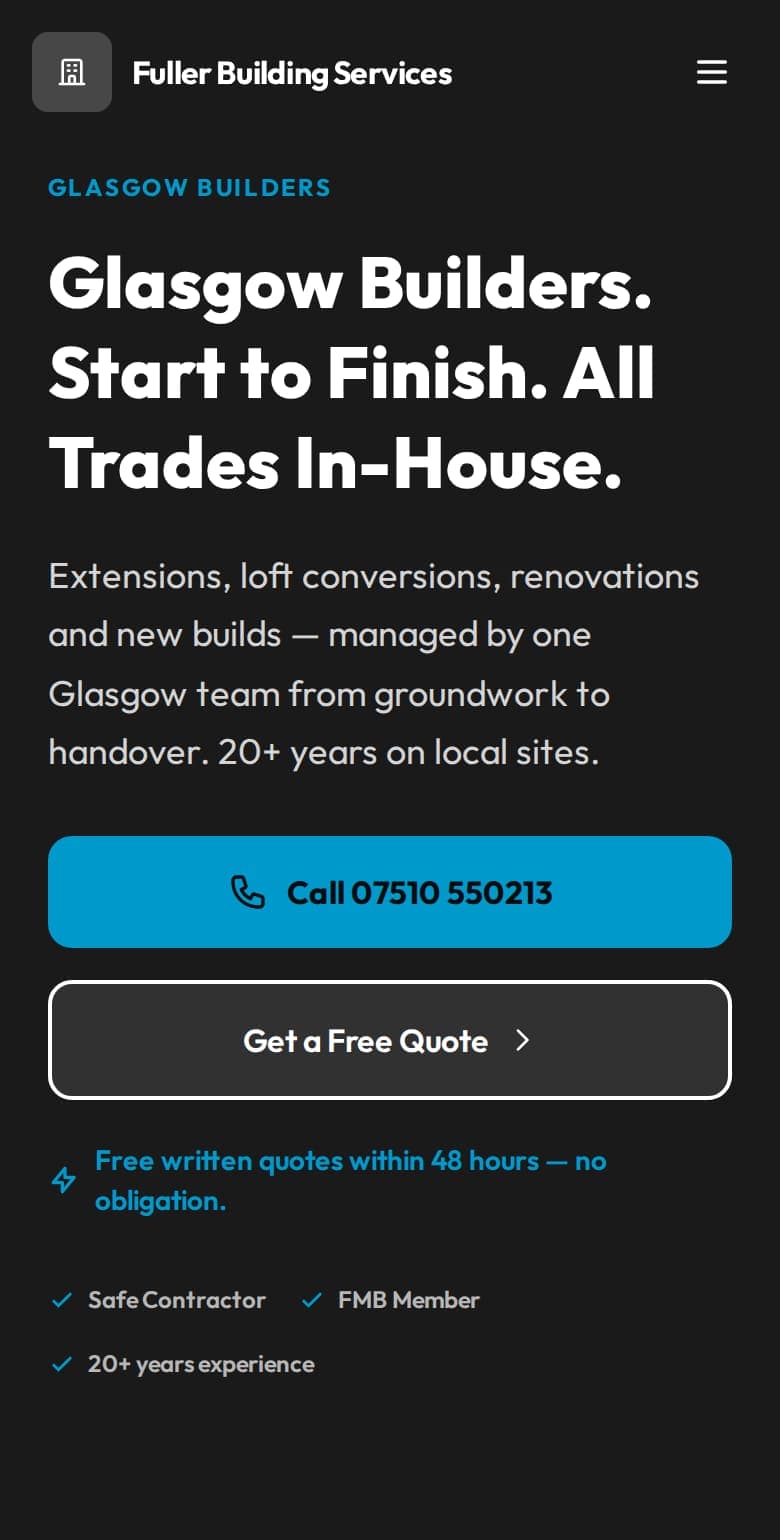 The same example builder website on a phone.