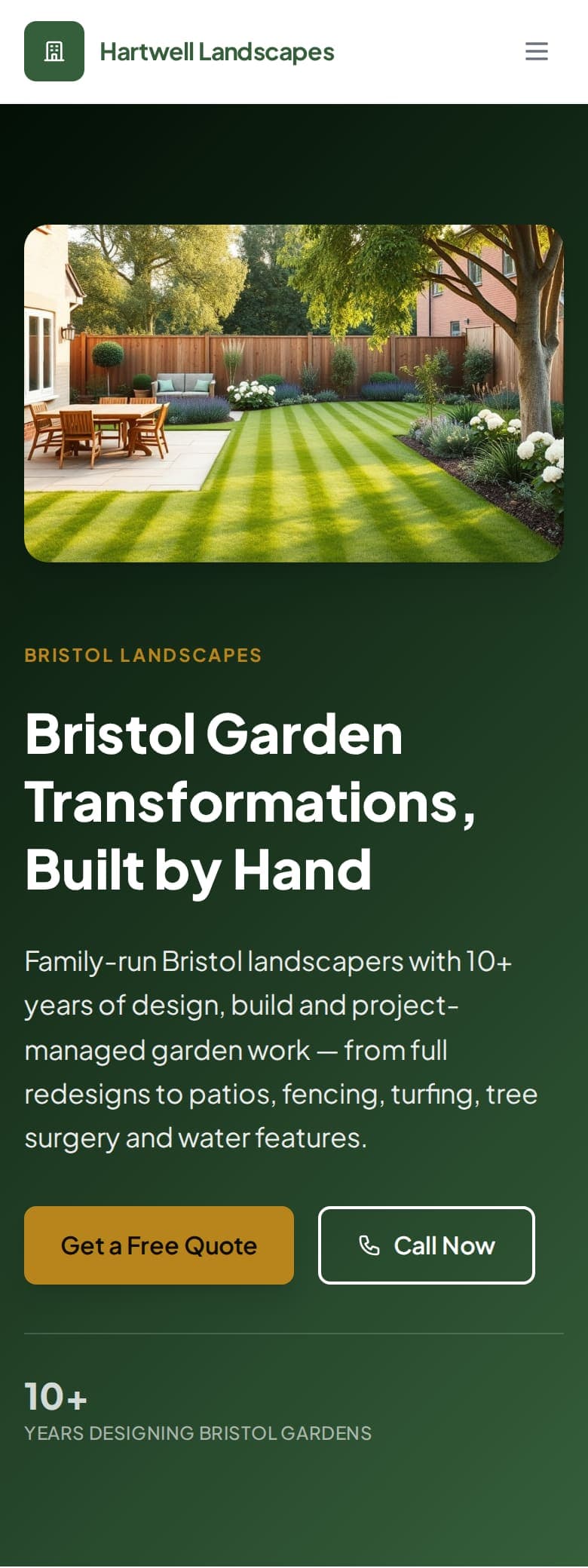 The same example landscaper website on a phone.