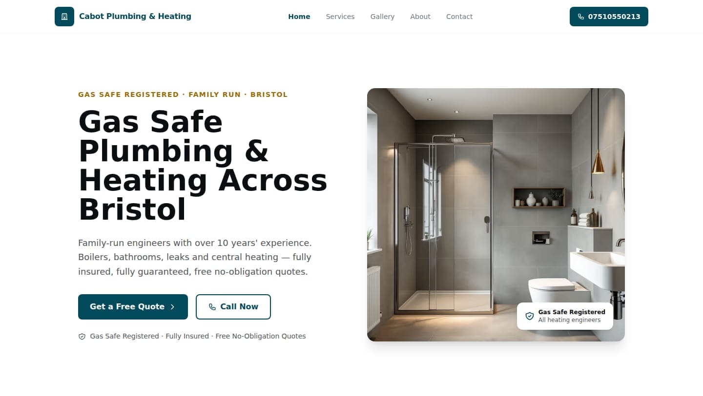 Example website we built for a plumbing business in Bristol — shown on desktop.