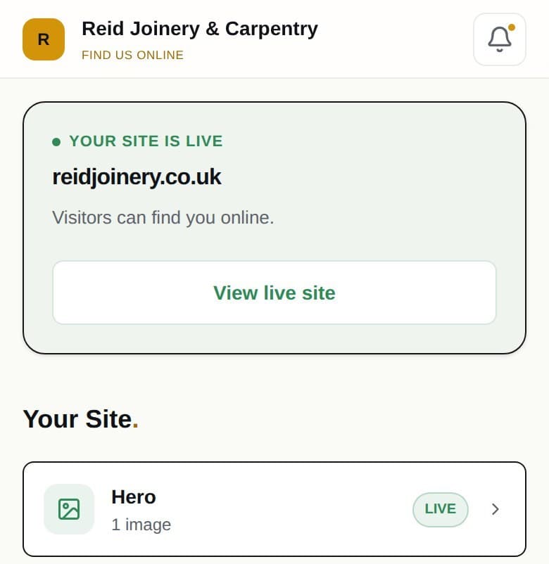 The top of the portal's Your Site screen for Reid Joinery & Carpentry, our demo account: the 'your site is live' banner and the first section card (the hero).
