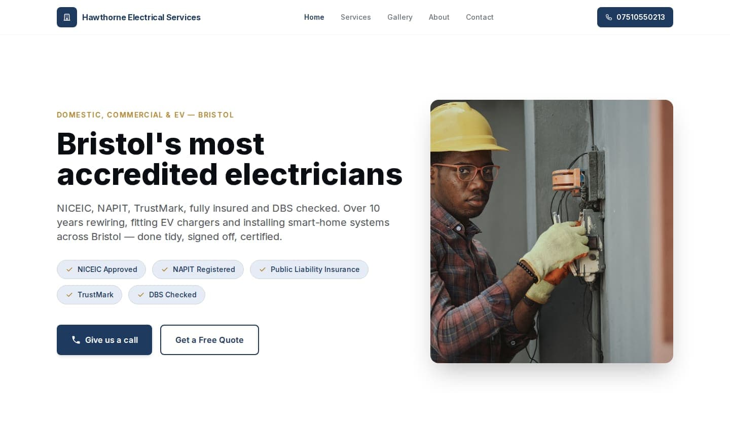 Example website we built for an electrical business in Bristol — the header and hero.