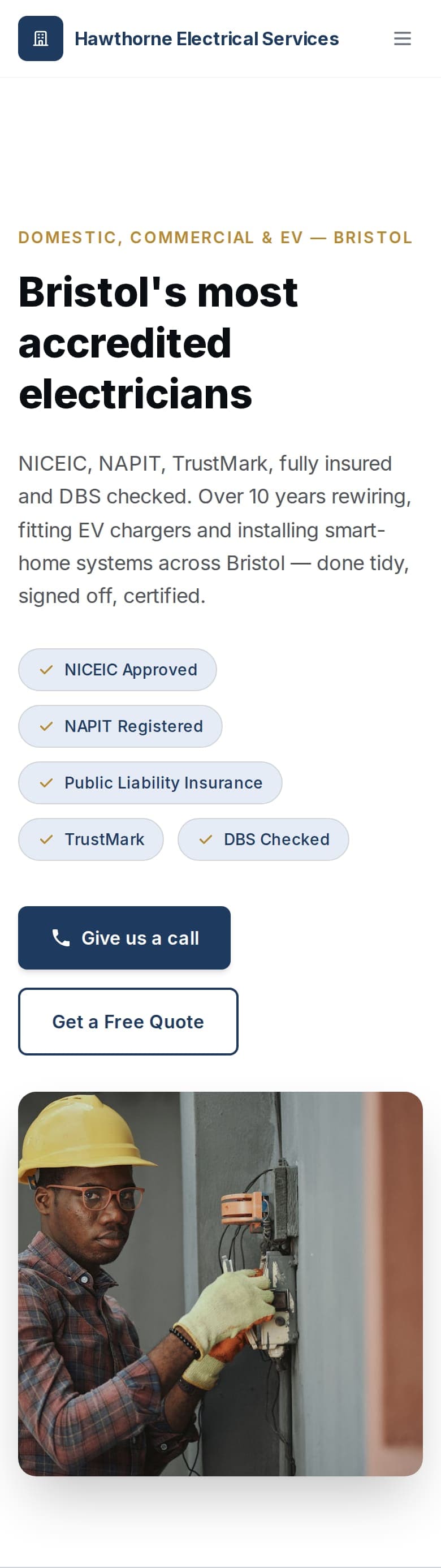 The same example electrician website on a phone.
