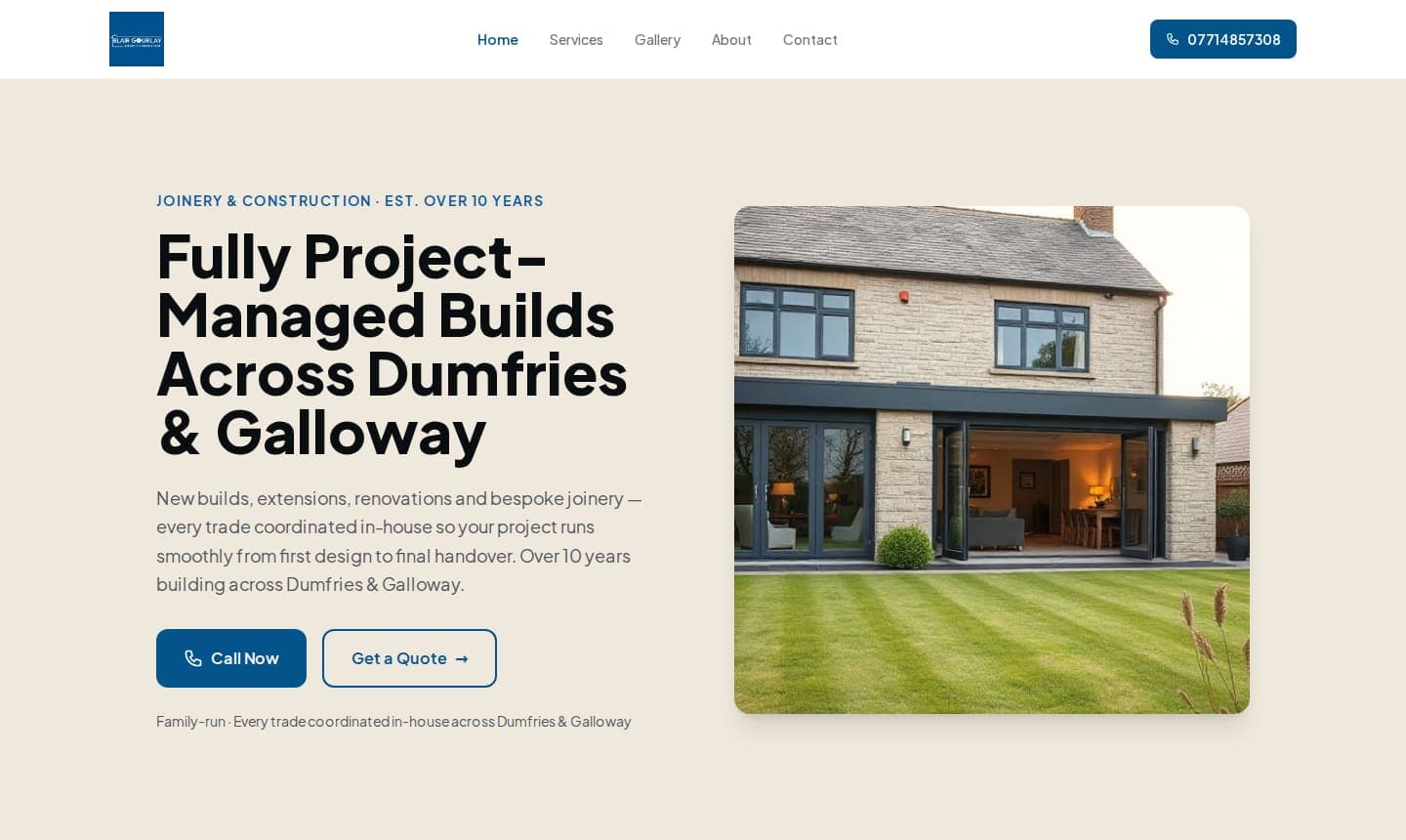 Example website we built for a joinery business in Dumfries & Galloway — shown on desktop.