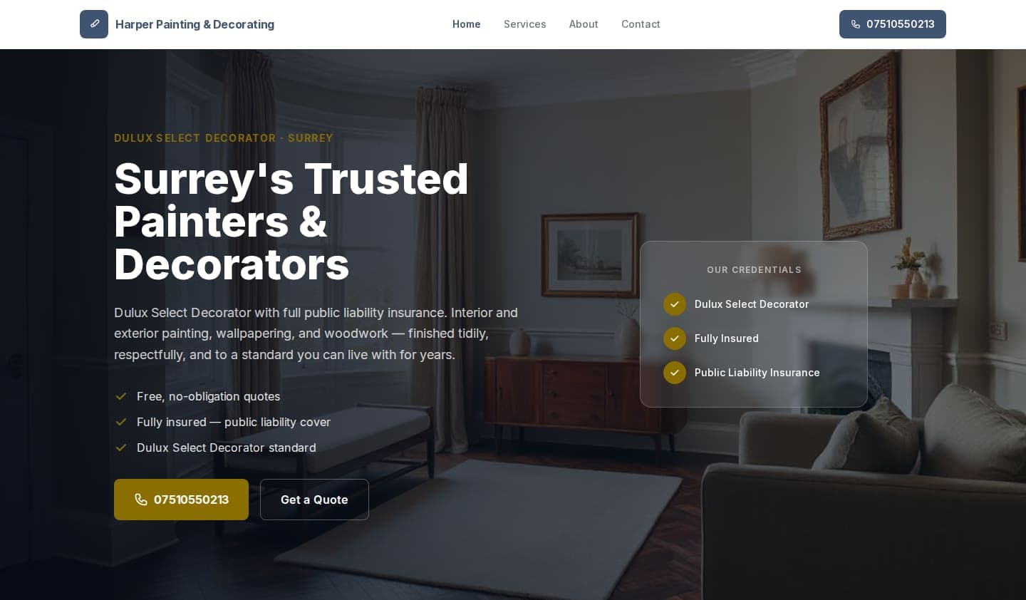 Example website we built for a painting and decorating business in Surrey — the header and hero.