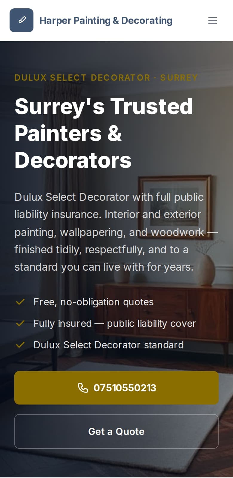 The same example painter and decorator website on a phone.