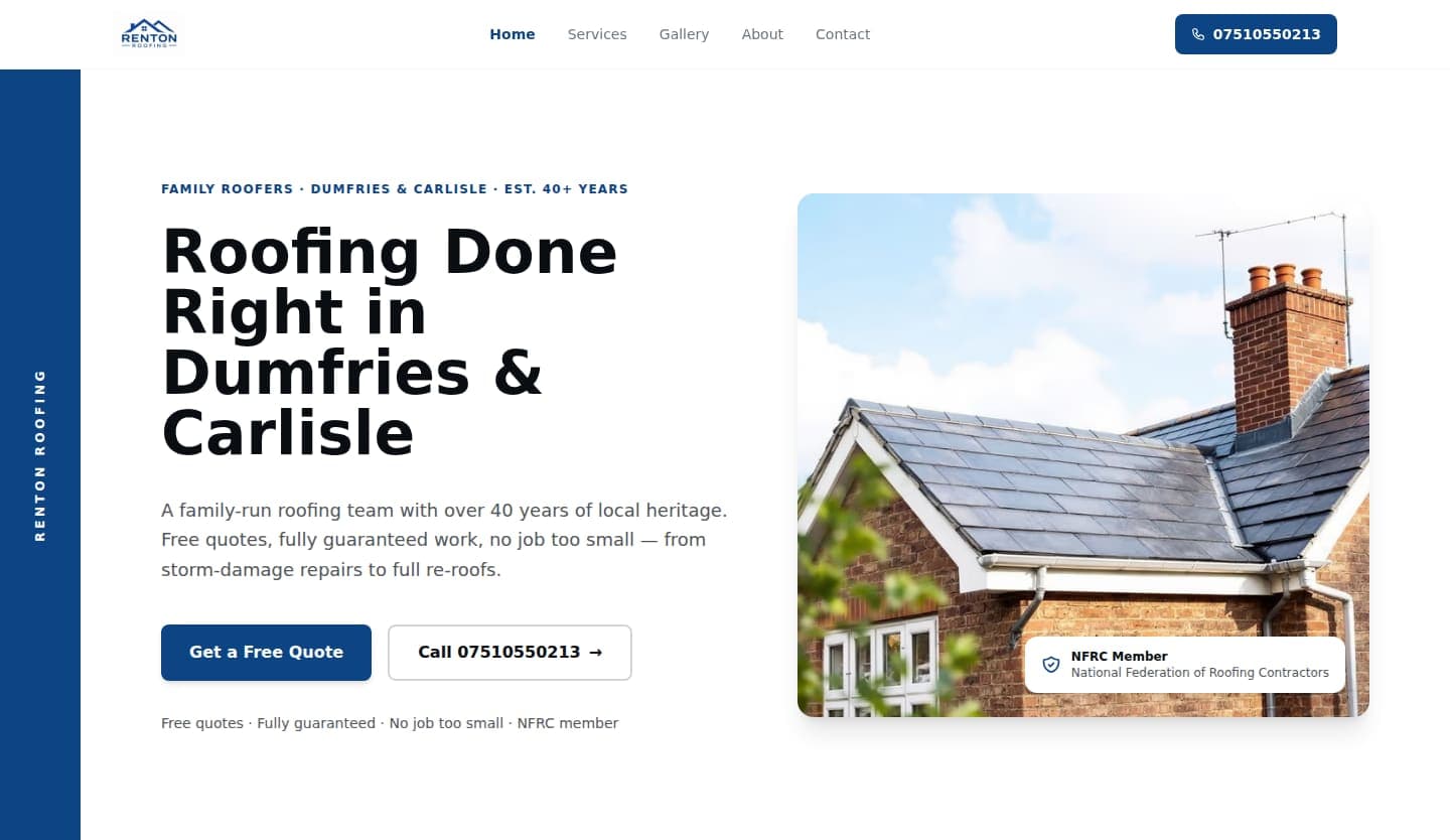 Example website we built for a roofing business in Dumfries & Carlisle — shown on desktop.
