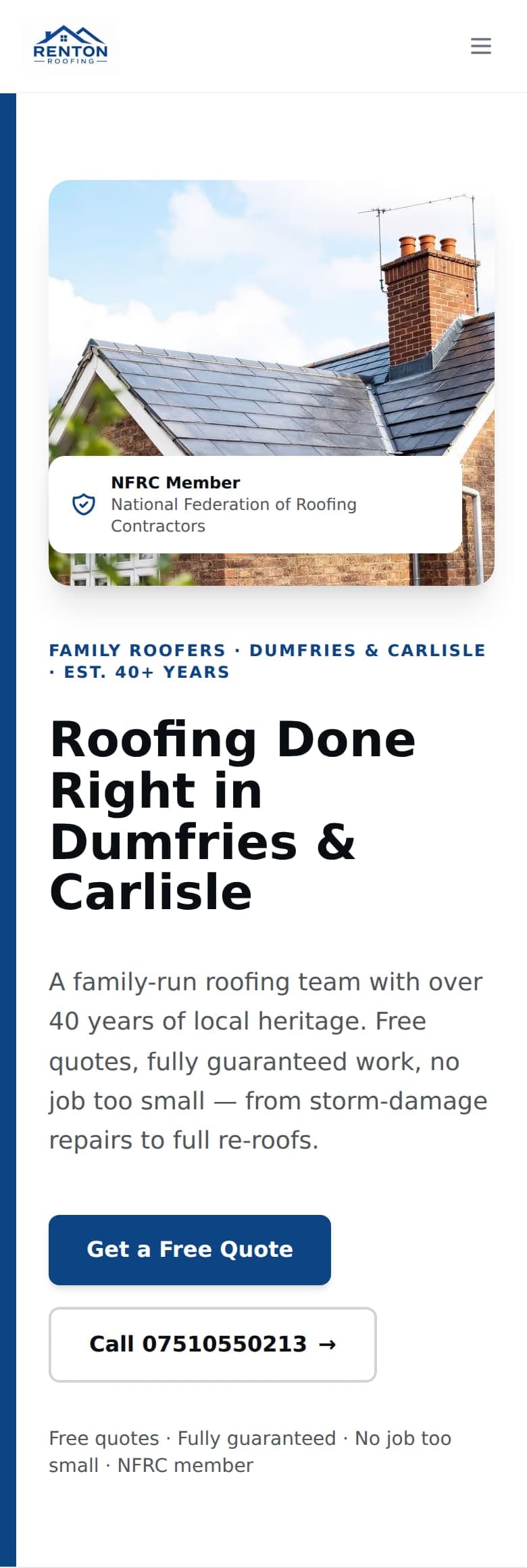 The same example roofer website on a phone.